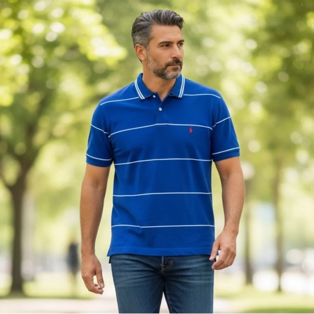 PO68 Mens Polo Ralph Lauren Designer Striped Short Sleeve Polo Shirt L